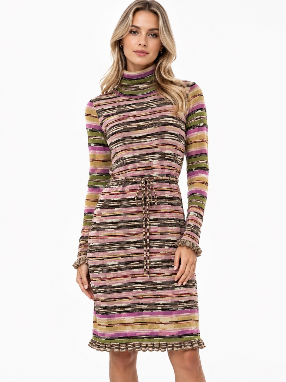Missoni Striped Turtleneck Knit Dress in Pink, Olive & Gold